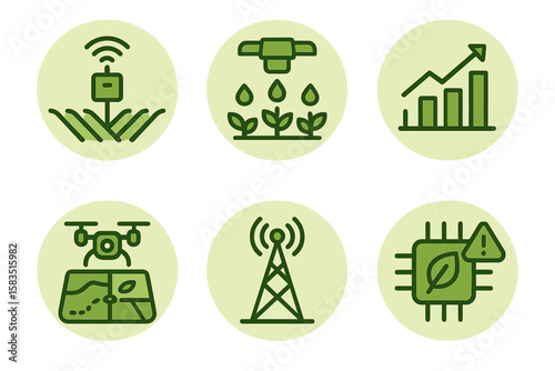 Innovative agricultural technology icons showcasing precision farming and data-driven solutions for crop management and growth
