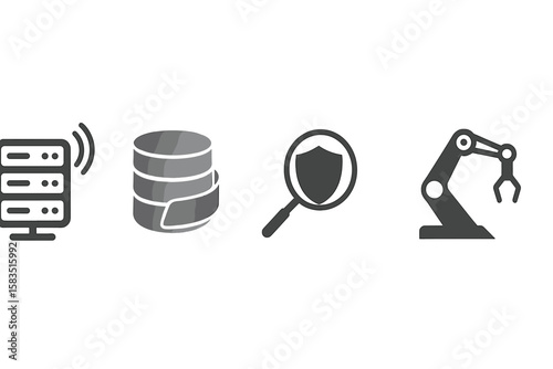 Computer icons representing data management, security, and automation in a modern technological context