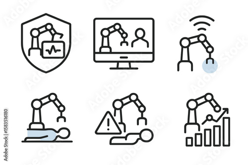 Robotic surgery technology and applications in healthcare illustrated with icons showing various functions and features