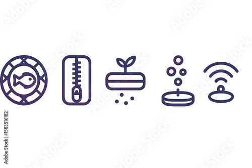 Icons representing various concepts of technology and sustainability in a modern digital context