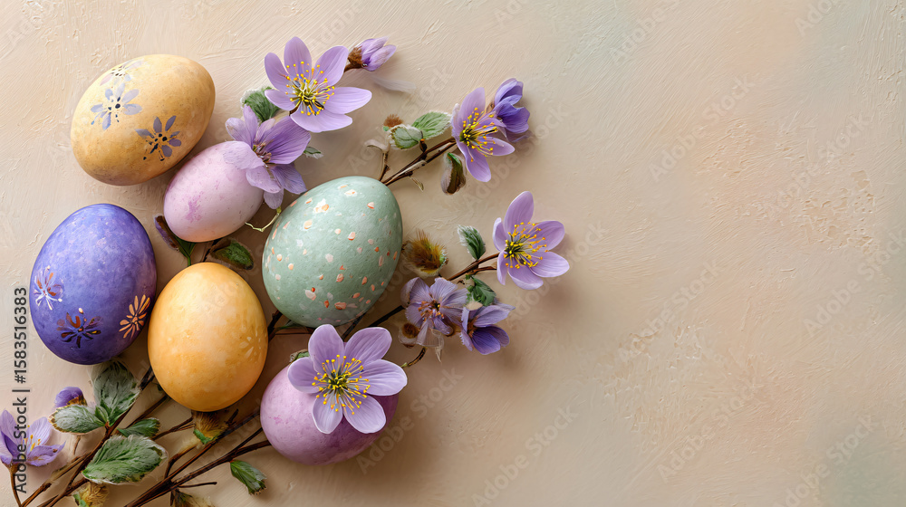 Obraz premium Easter Egg and Flower Display: A pastel-toned arrangement of painted Easter eggs and delicate spring blossoms, evoking the spirit of spring renewal and celebration, perfect for festive designs.