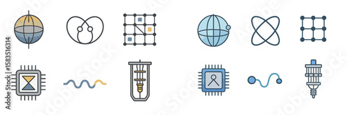 Illustration of various abstract technology-related icons representing concepts in data, computing, and networks