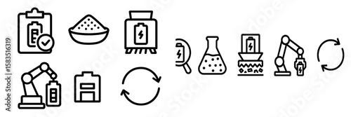 Battery recycling process illustrated with icons showcasing inspection, mixing, and robotic assistance in a factory