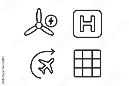 Symbols representing aviation concepts including propeller, helipad, airplane, and navigation grid