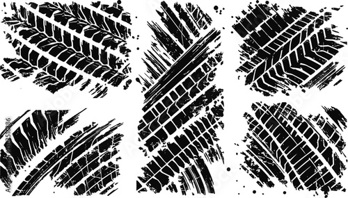 Black and white abstract composition of tire tracks with distinct grunge splatter effects, embodying concepts of motion, speed, and artistic design in an industrial or automotive theme.