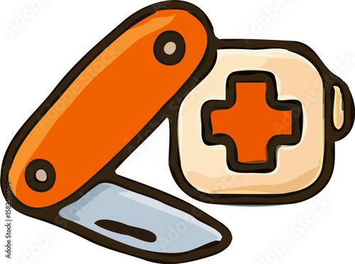 An illustration of a folding knife with an orange handle next to a medical kit symbol with a red cross.
