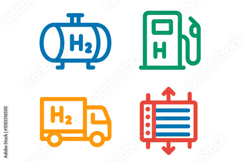 Hydrogen energy symbols representing storage, fueling, transport, and usage in clean energy systems