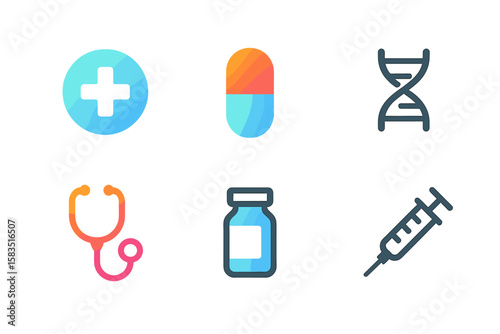 Health and medicine icons representing important aspects of healthcare, including treatment and biotechnology concepts