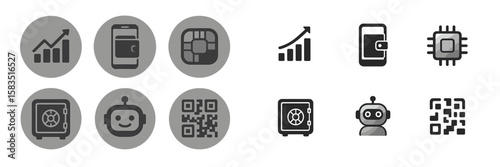 Icons representing technology and security for digital transactions and data management