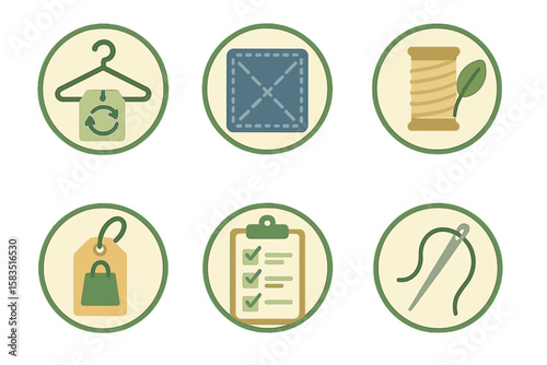 Symbols representing sustainable fashion practices and sewing techniques for eco-friendly clothing