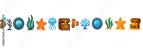 Underwater adventure with sea creatures, coral reefs, and treasure chests at a lively ocean setting