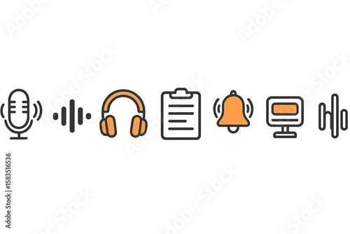 Various audio elements and icons representing sound, communication, and recording activities in a modern digital context
