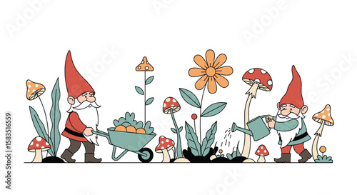 Whimsical garden gnomes cultivating a flourishing enchanted landscape with plants flowers and mushrooms