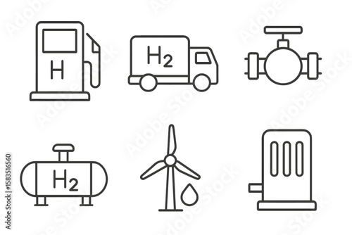 Hydrogen fuel technology and equipment displayed with icons representing various aspects of hydrogen energy systems