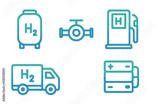 Hydrogen fuel symbols representing storage, transport, and refueling at a service station, showcasing clean energy potential