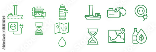 A collection of icons illustrating themes of transportation, energy production, and environmental sustainability