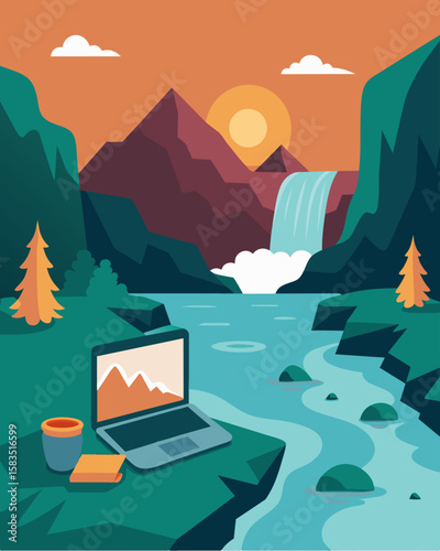 The laptop sits on a smooth river rock nestled next to the flowing water as someone takes a break from work to admire the beauty of the hidden waterfall retreat.. Vector illustration