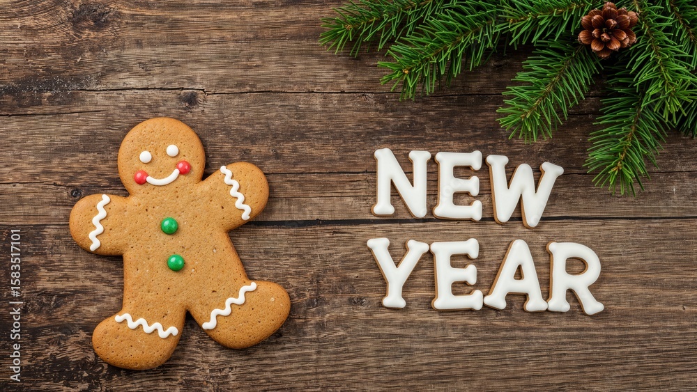 Seasonal Sweets Display: Gingerbread Man and Pine Branch with Written Message on Wooden Board, Overhead Shot Seasonal Sweets Display: Gingerbread Man and Pine Branch with Written Message on Wooden Board, Overhead Shot