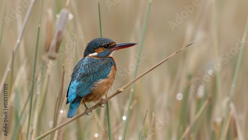 Landscape photo of a common kingfisher (Alcedo atthis) resting on reeds during summer.