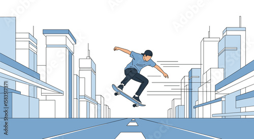 Young man performing a jump on skateboard in a city street with tall buildings