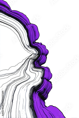 Modern abstract with flowing black and white lines contrasting with organic shapes in vibrant purple. Ideal for backgrounds and digital designs.