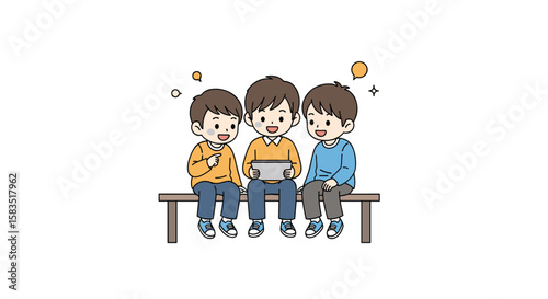 Three young boys sitting together sharing a digital tablet and engaging in conversation