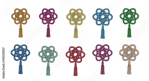 Decorative ornate floral designs attached to tassels for embellishment and craft projects