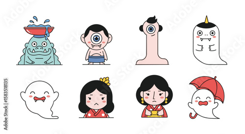 Enchanting japanese folklore creatures and mythical beings illustrated in a whimsical style