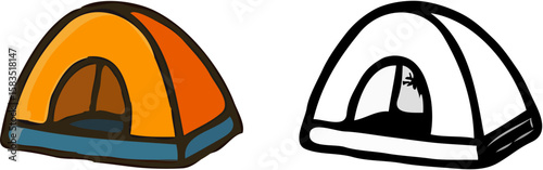Two cartoon tents, one colored orange and blue, the other in black and white.