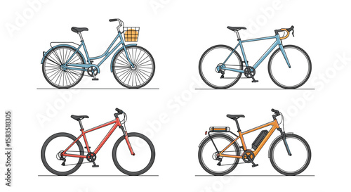 Variety of bicycle styles for urban commuting and outdoor adventures