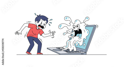 Frightened man sees ghostly figure emerging from a spilling laptop screen