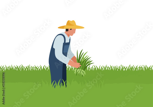 A farmer inspects grass in a field.  Detailed illustration, vibrant green, rural setting.  Ideal for agricultural themes and lifestyle visuals.