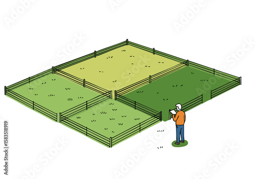 A farmer inspects grazing livestock in a fenced pasture. Clear visual, showcasing agricultural practices. Bright green backdrop.