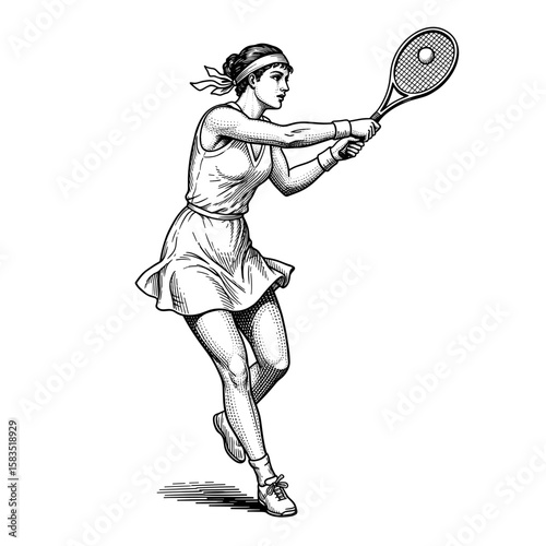 Vintage engraving of a female tennis player in a dynamic backhand pose, isolated classic sports illustration.