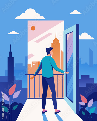 Stepping out onto the balcony the digital marketer was greeted with a sweeping view of the cityscape a reminder of the endless opportunities that lay ahead.. Vector illustration