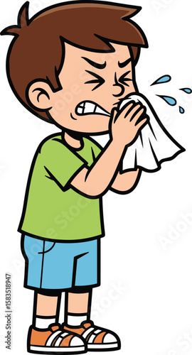 Cartoon boy sneezing, holding tissue, cold symptoms illustration, health awareness art, hygiene concept, flu season graphic, sick child image, children’s healthcare, classroom illness prevention
