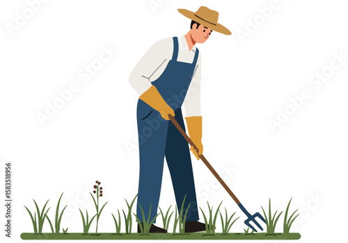 A farmer meticulously troubleshoots his pasture with a hoe, showcasing rural life and agricultural work.  Clear, bright illustration.