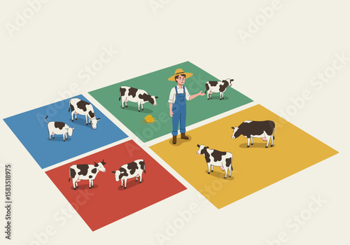 A farmer oversees a herd of cows across four colored quadrants. A clear, illustrative style showcases farm life and animal management.  Bright, cheerful, and commercially viable.
