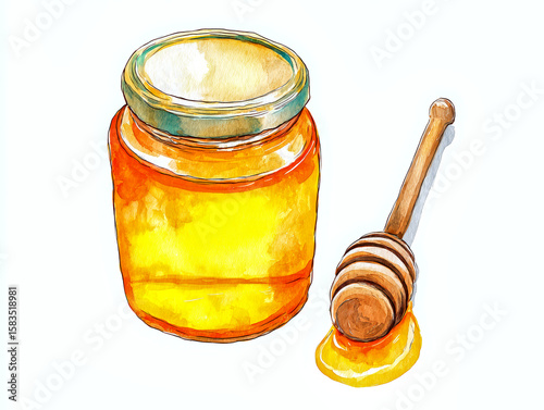 Watercolor illustration of a jar of honey with honey dipper.