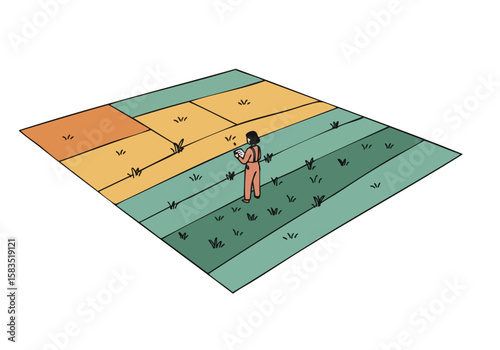 A lone figure examines a stylized pasture divided into color-coded sections, highlighting grazing optimization. A modern illustration with a clear, focused composition.