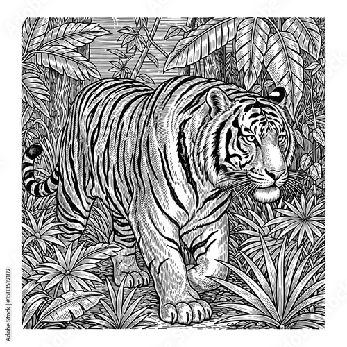 A majestic tiger stalks through the dense jungle foliage in a classic black and white engraving style illustration.