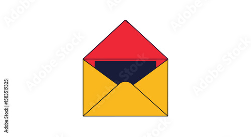 Geometric envelope with red top flap and yellow sides holding dark blue insert