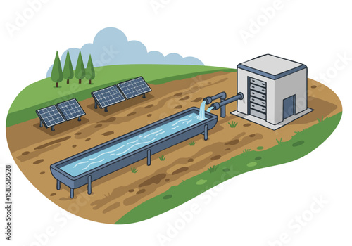 A stylized illustration depicts data backup using solar energy. A water flow system connects solar panels to a data storage unit, showcasing a sustainable data solution. Clean, modern design.