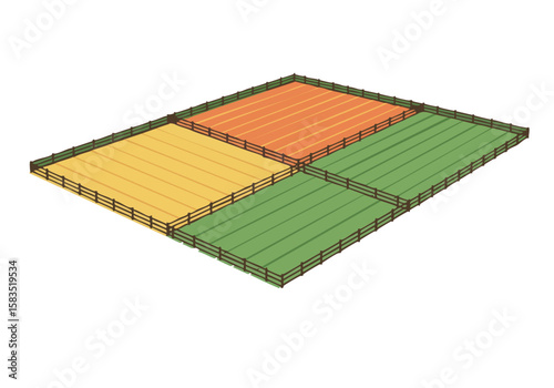 A stylized illustration depicts four pasture zones separated by fences, showcasing varying shades of green, yellow, and orange.  Ideal for agricultural or rural themes.