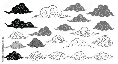 Collection of traditional asian style swirling cloud graphics for artistic design projects