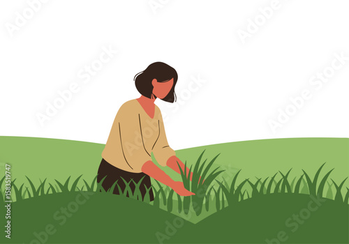 A woman tending to a pasture, optimizing grazing land. A serene outdoor scene with a focus on nature and sustainable practices. Soft colors and a peaceful composition.
