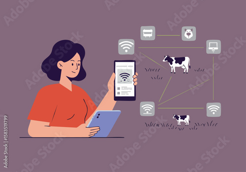A woman uses a tablet to monitor cattle via a wireless network. Modern farm technology connects livestock data. Optimizes cattle management.