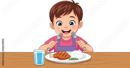 Child enjoying healthy meal, balanced plate, rice and chicken, peas and water, family dining, nutrition habits, mealtime, kids nutrition, eating behavior, illustrated concept
