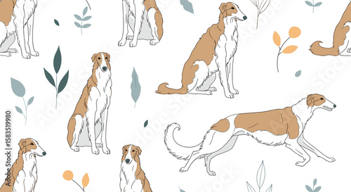 Elegant sighthounds and delicate botanical elements adorn a light background design