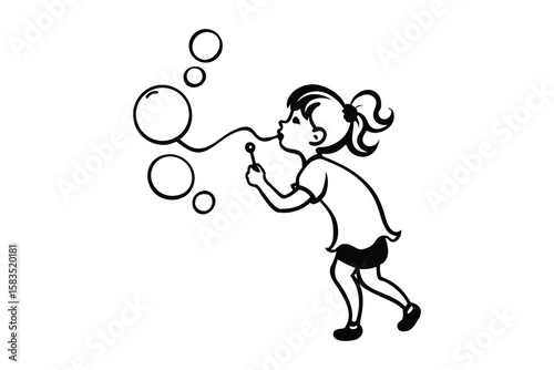 A simple silhouette of a child blowing bubbles, creating a whimsical and imaginative scene.